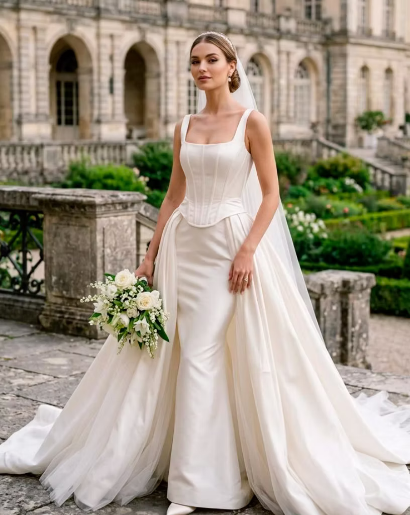 Robe de mariée NASTI Atelier en satin, corsage à décolleté carré et traîne amovible
